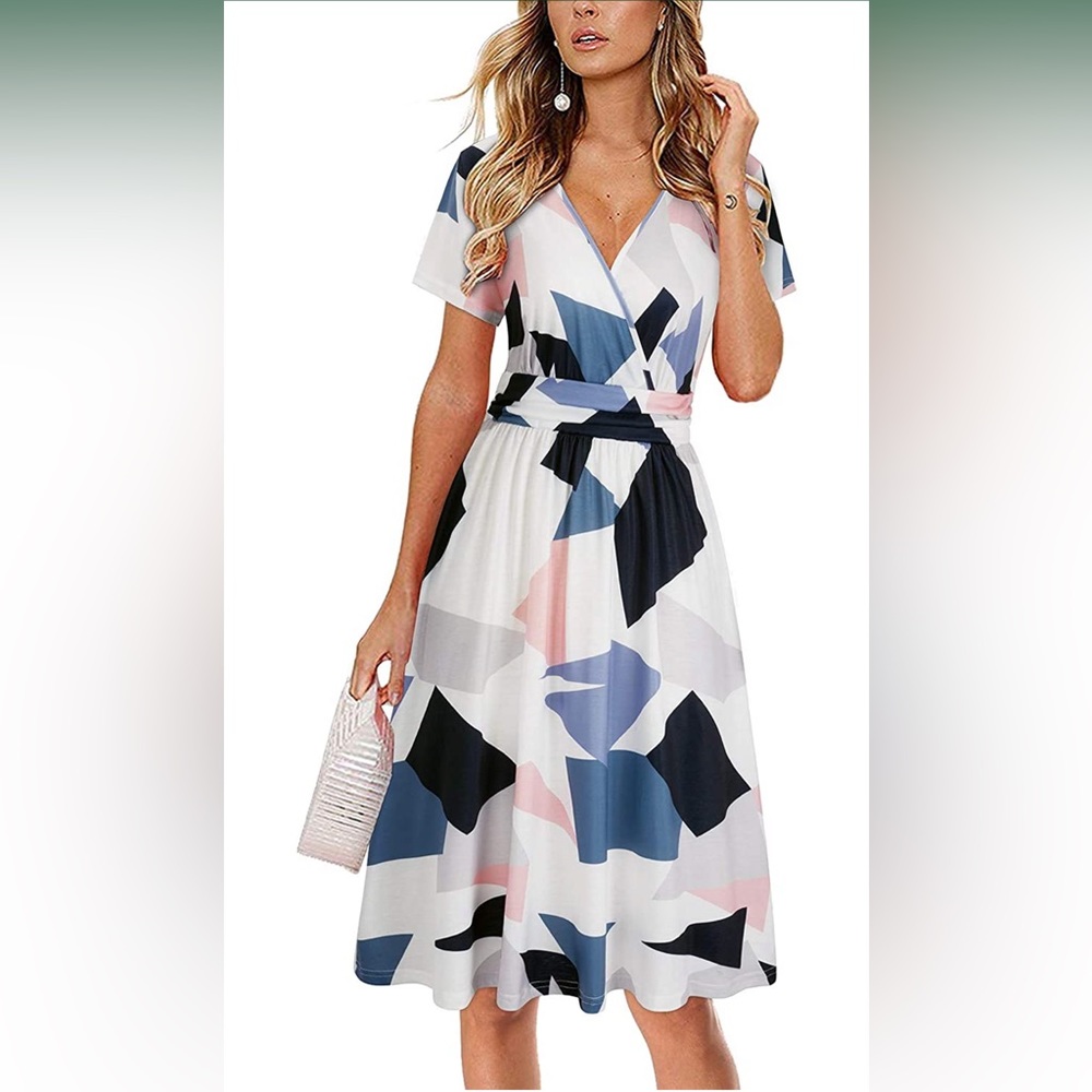 OUGES Women's Summer Short Sleeve V-Neck Floral Short Party Dress with Pocket